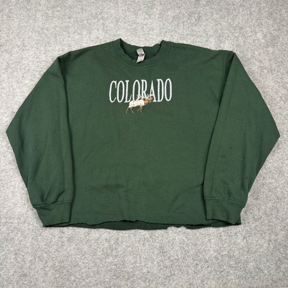 Gildan Sweatshirt Mens L Green Colorado Elk Embroidered Cropped‎ Preppy Pullover